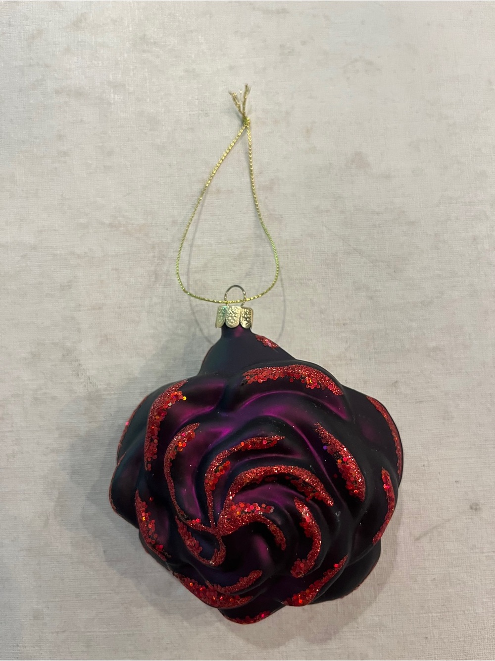 Vintage style moody purple and red glitter rose glass ornament. So pretty!